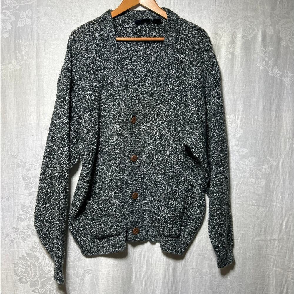 Vintage Cardigan Sweater Green 2XL Variegated Chunky Knit V Neck Grandpa Grunge